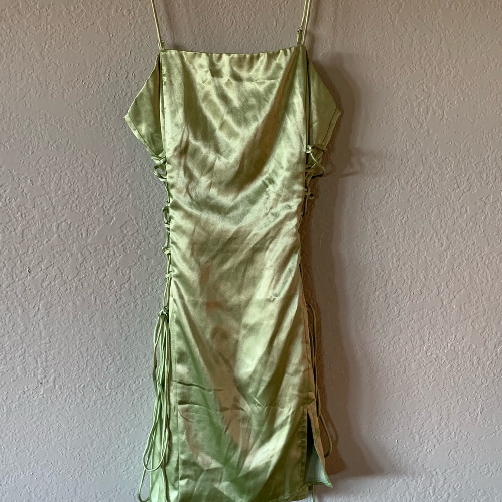 Light green satin lucy in the sky mini dress